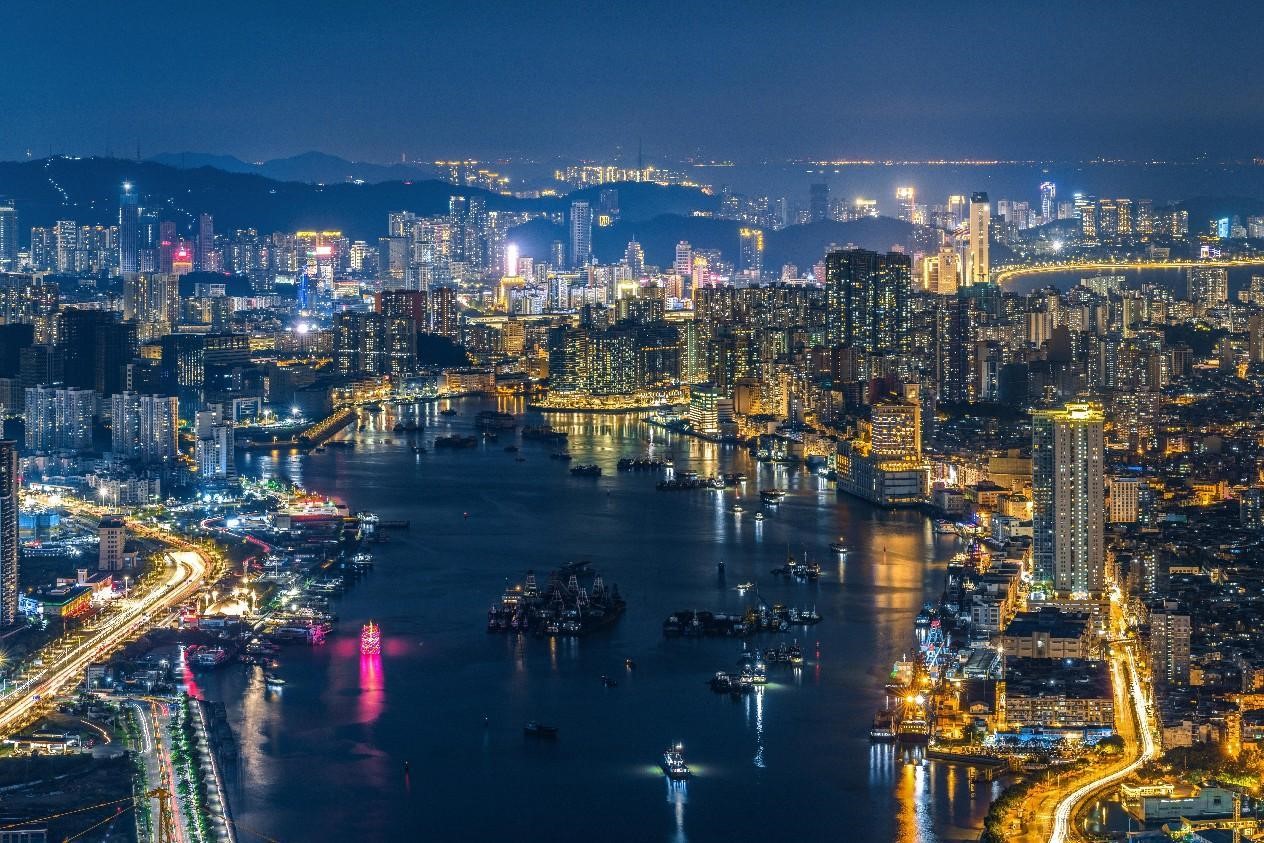 Greater Bay Area Hong Kong night skyline aerial view